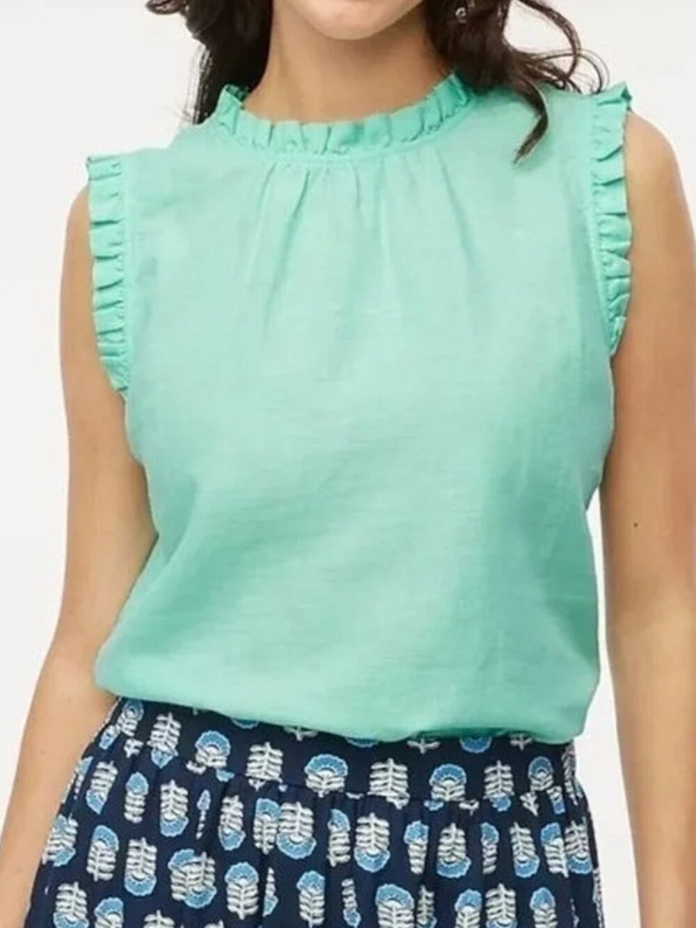 J Crew Linen Blend Top Ruffle Trim Sleeveless Women's Large Mint Green